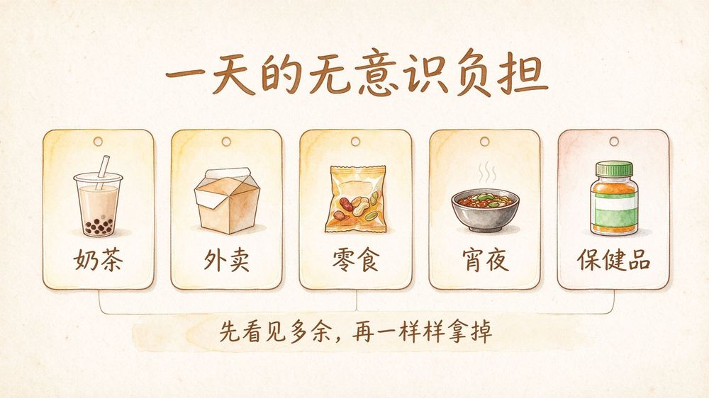 一天的无意识负担——奶茶、外卖、零食、宵夜、保健品，先看见多余，再一样样拿掉