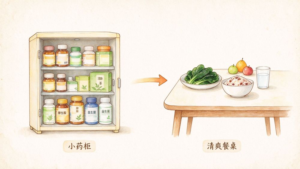 小药柜换成清爽餐桌——把多余的拿掉，守住规律三餐、多蔬菜、少油糖