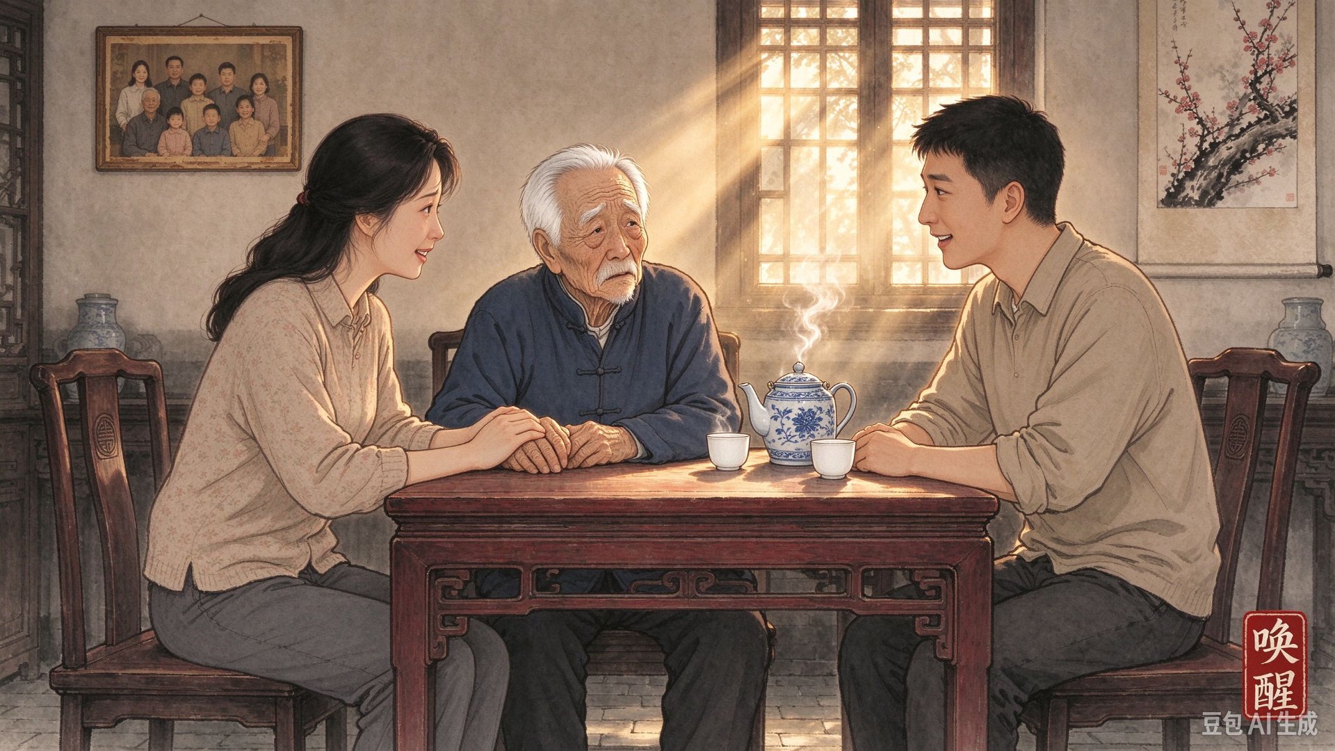 一家人围坐在老屋的桌前，陪老人说话——把记忆多停留在现在
