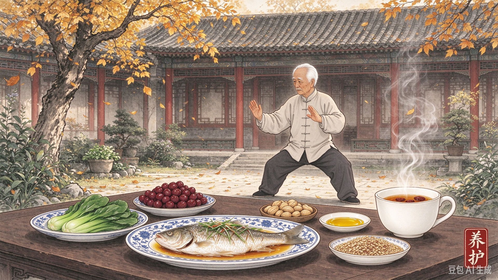 老人在院里打太极，桌上是绿叶菜、鱼、浆果、坚果——先清后养，事半功倍