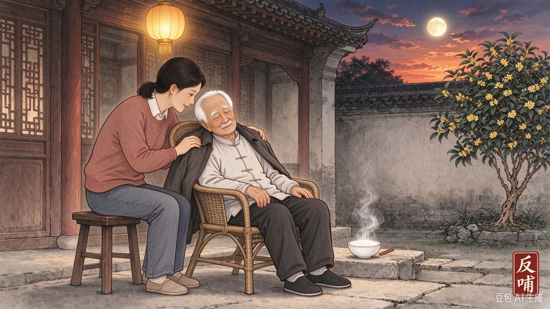 夜色里，女儿给藤椅上的爸爸披上外衣——小时候他们陪我们长大，现在我们陪他们变老