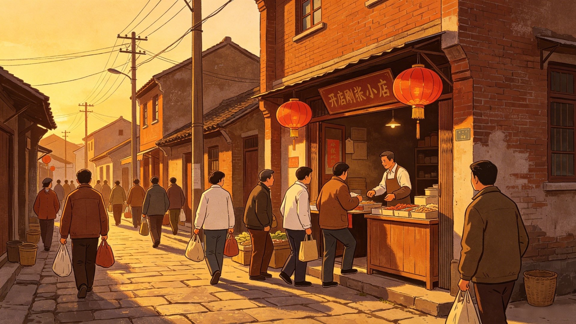 改革开放政策一放开，街上店多起来，老百姓兜里刚有点钱，看见店就进