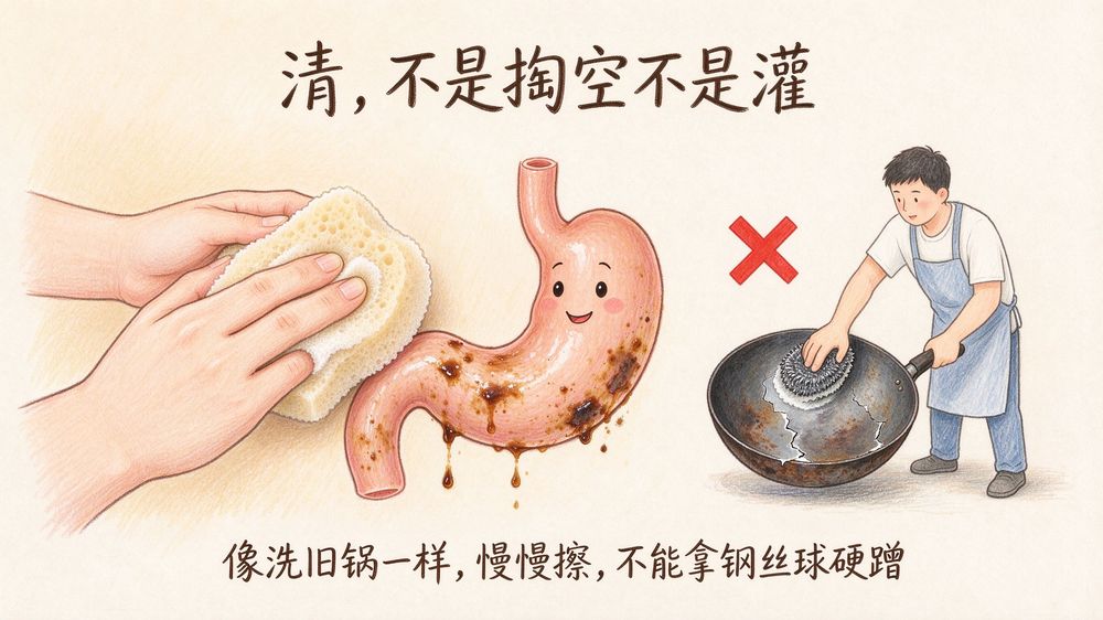 清，不是掏空不是灌——像洗旧锅一样慢慢擦，不能拿钢丝球硬蹭